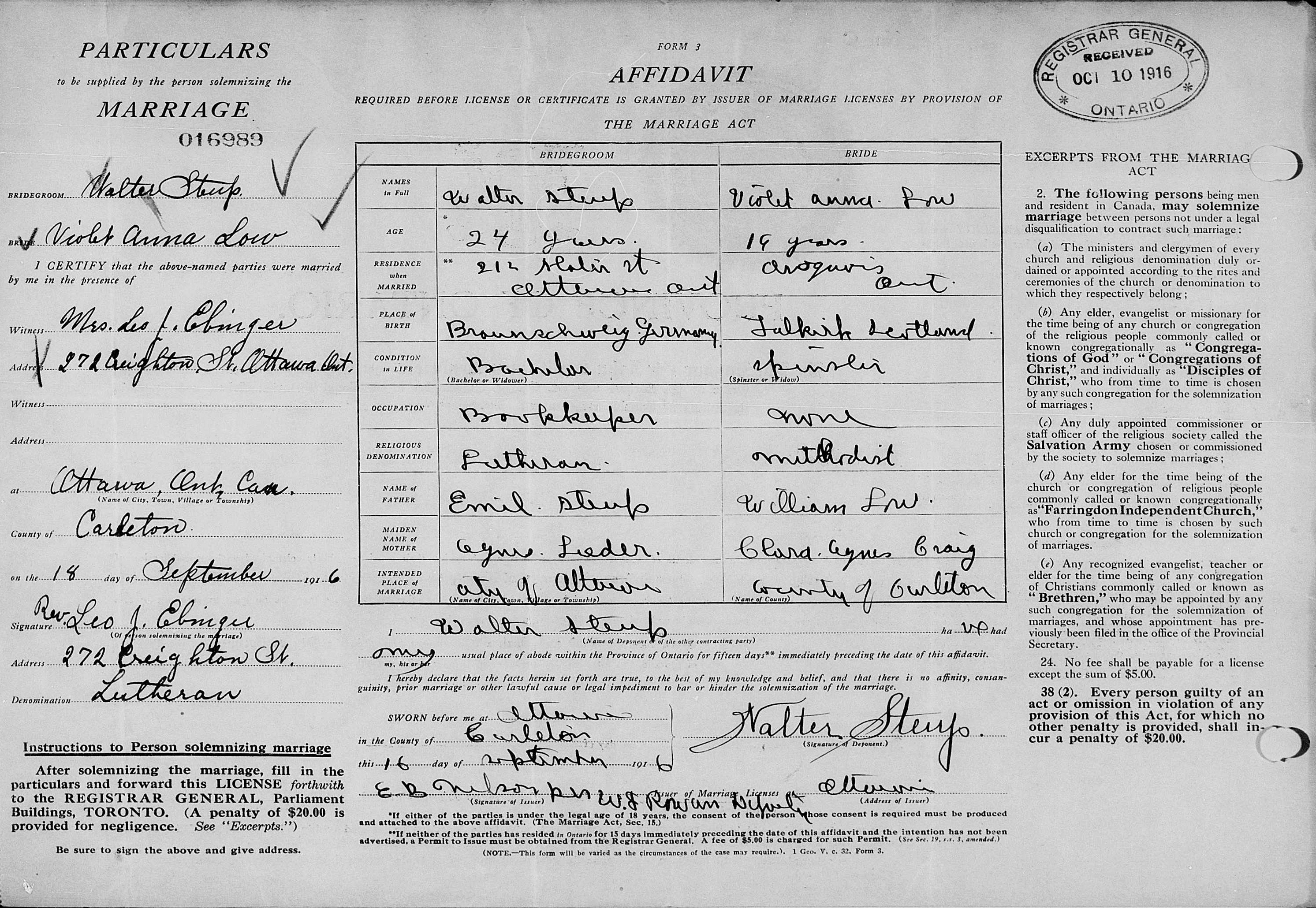 Heiratsurkunde von Walter Emil Steup und Violet Low