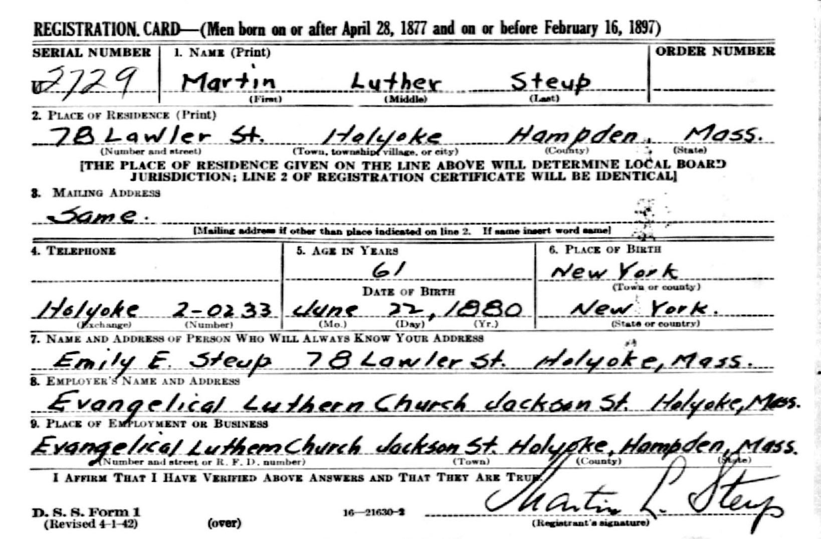 Military Registrationrecord von Martin Luther Steup