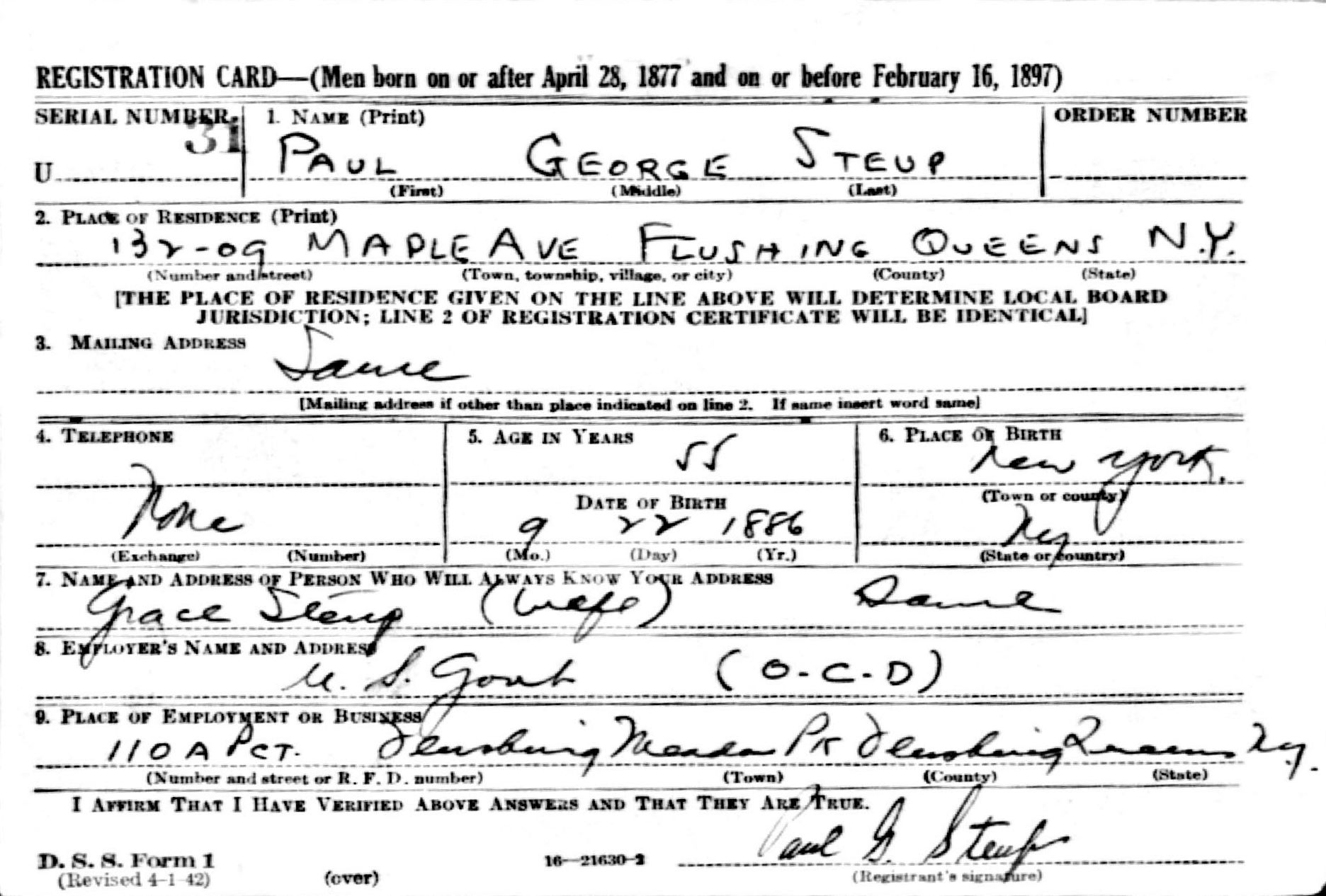 Military Registrationrecord von Paul George Steup