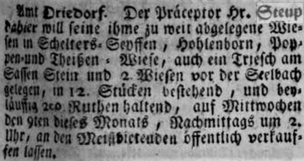 I2423 Steup Johann Zeitungsartikel 05.02.1774 Intelligenznachrichten
